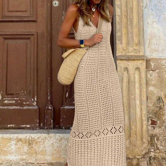 Khaki Casual Women's Casual Hollow Out Sleeveless Knitted Dress - Picture 2 of 8